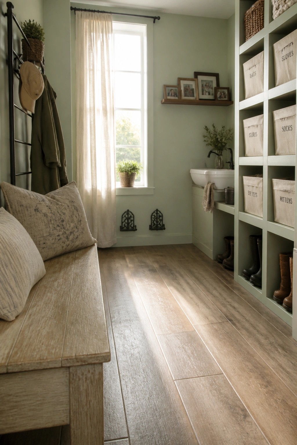 A farmhouse mudroom with sage green walls, a wooden bench with pillows, built-in cubby storage, and a window with a white curtain.