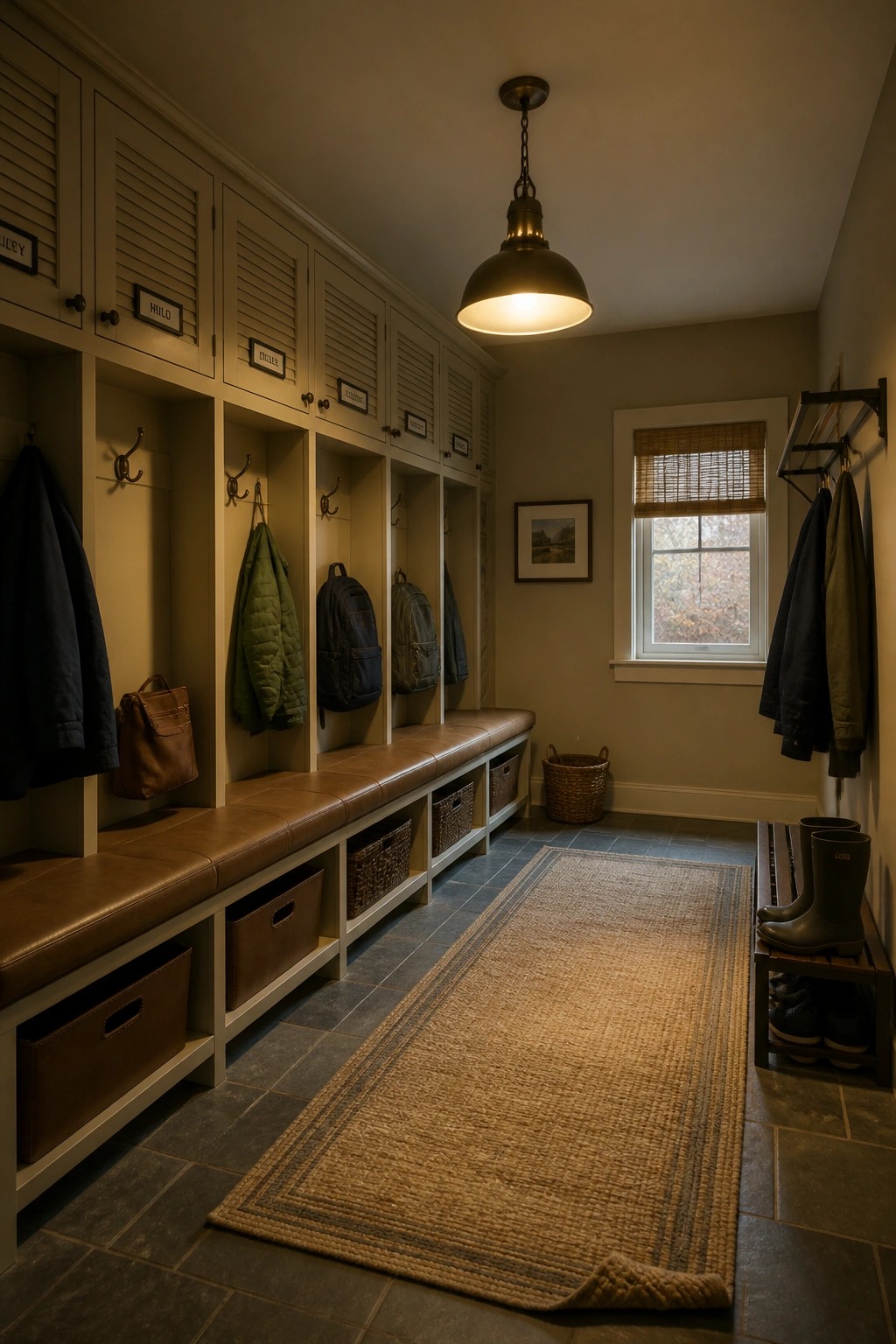 A long mudroom with built-in lockers and bench seating painted in a soft neutral color, showing hooks with coats and backpacks, storage baskets, and a window at the far end.