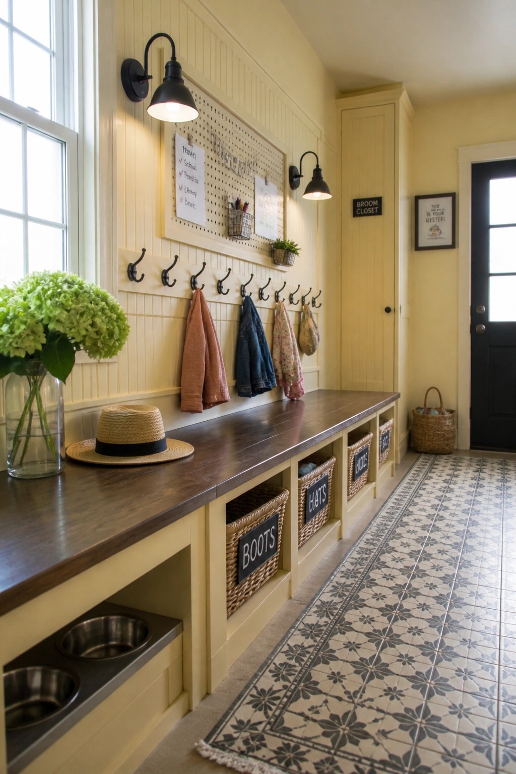 A mudroom with pale yellow walls, a long wooden bench with storage cubbies and baskets, wall hooks, and a pegboard above the bench.