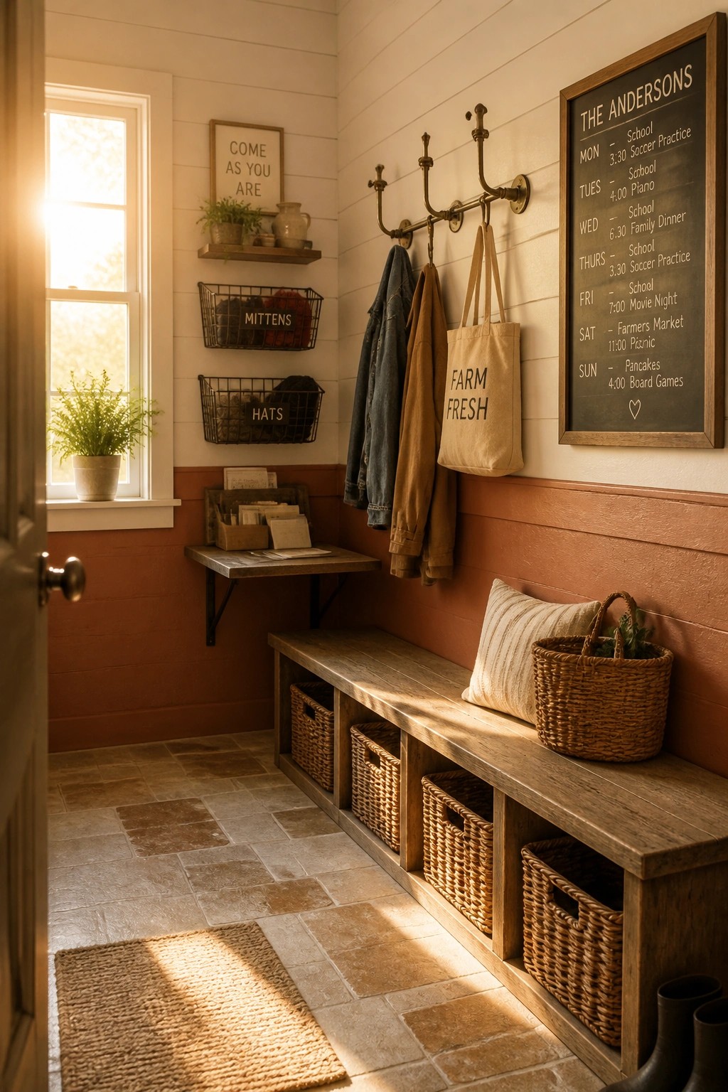A farmhouse mudroom with terracotta wainscoting on the lower walls, white shiplap above, a wooden storage bench with baskets, wall hooks holding coats and a tote, wire baskets on the wall, and a chalkboard schedule.