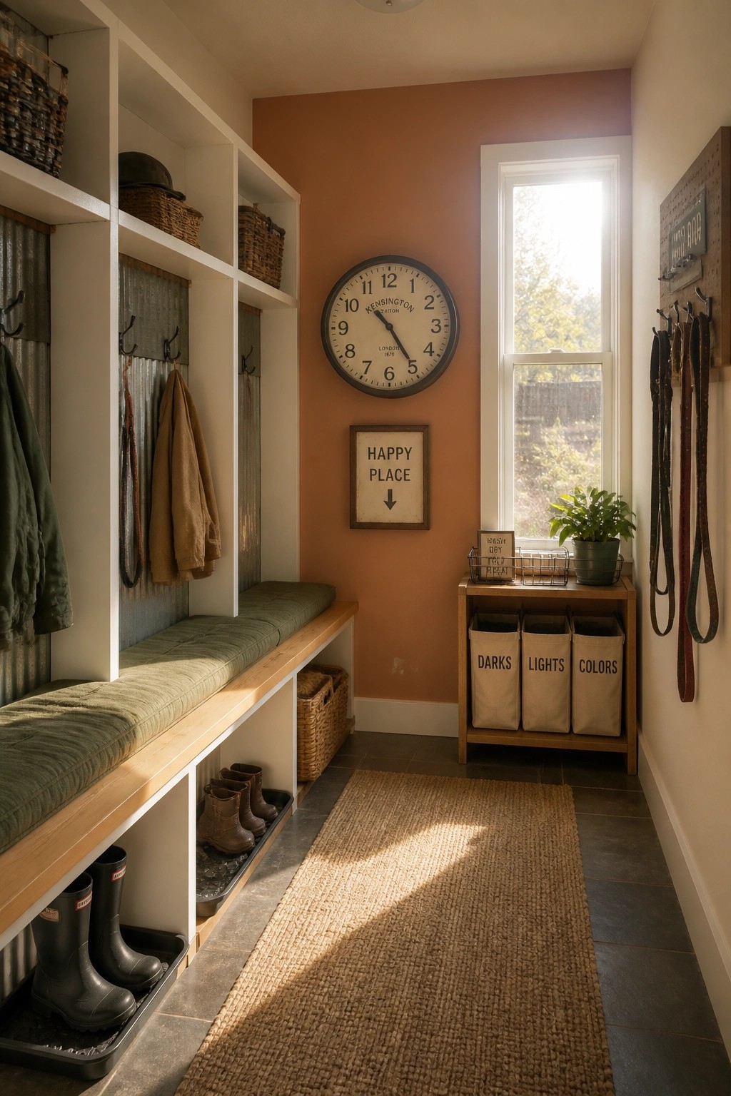 A farmhouse mudroom with warm terracotta walls, white built-in bench and cubbies, green cushions, a round wall clock, and a window letting in sunlight.