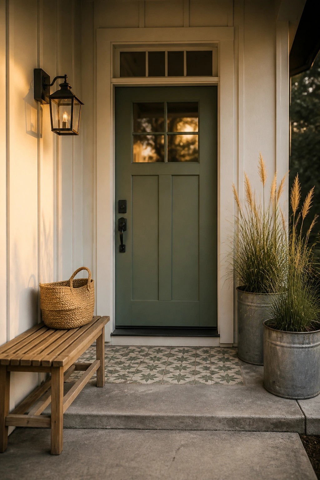 Front entry with a green door, wooden bench holding a woven basket, black wall lantern, and two metal planters with tall grasses.