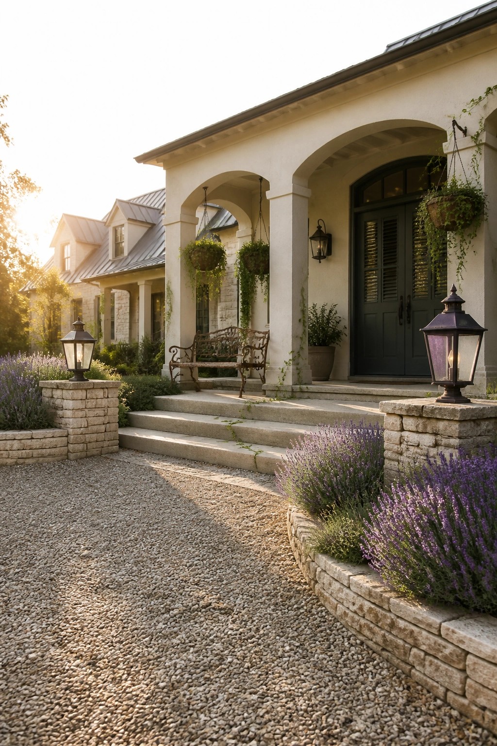 A modern farmhouse front porch with white arches and columns, a dark green double door, hanging plants, a metal bench, stone lantern pillars, and lavender along a gravel path.