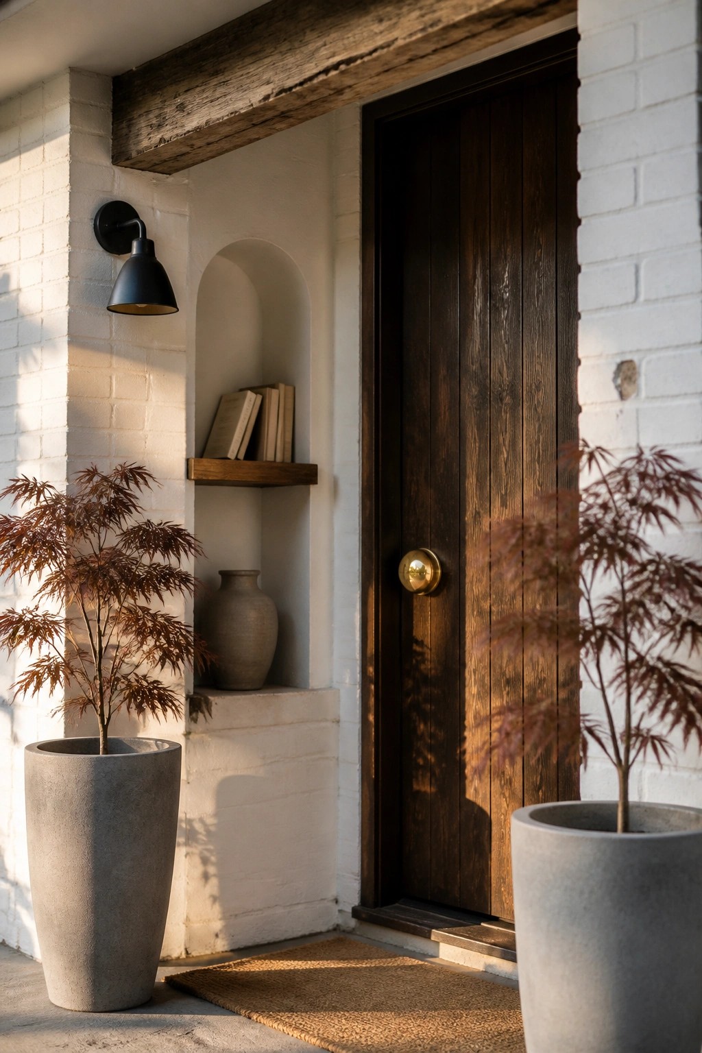 A dark wooden front door with a brass knob sits beside a white brick wall featuring a recessed arched niche with a wooden shelf holding books and a clay vase, flanked by two large gray planters with red-leafed trees and a woven doormat on the ground.
