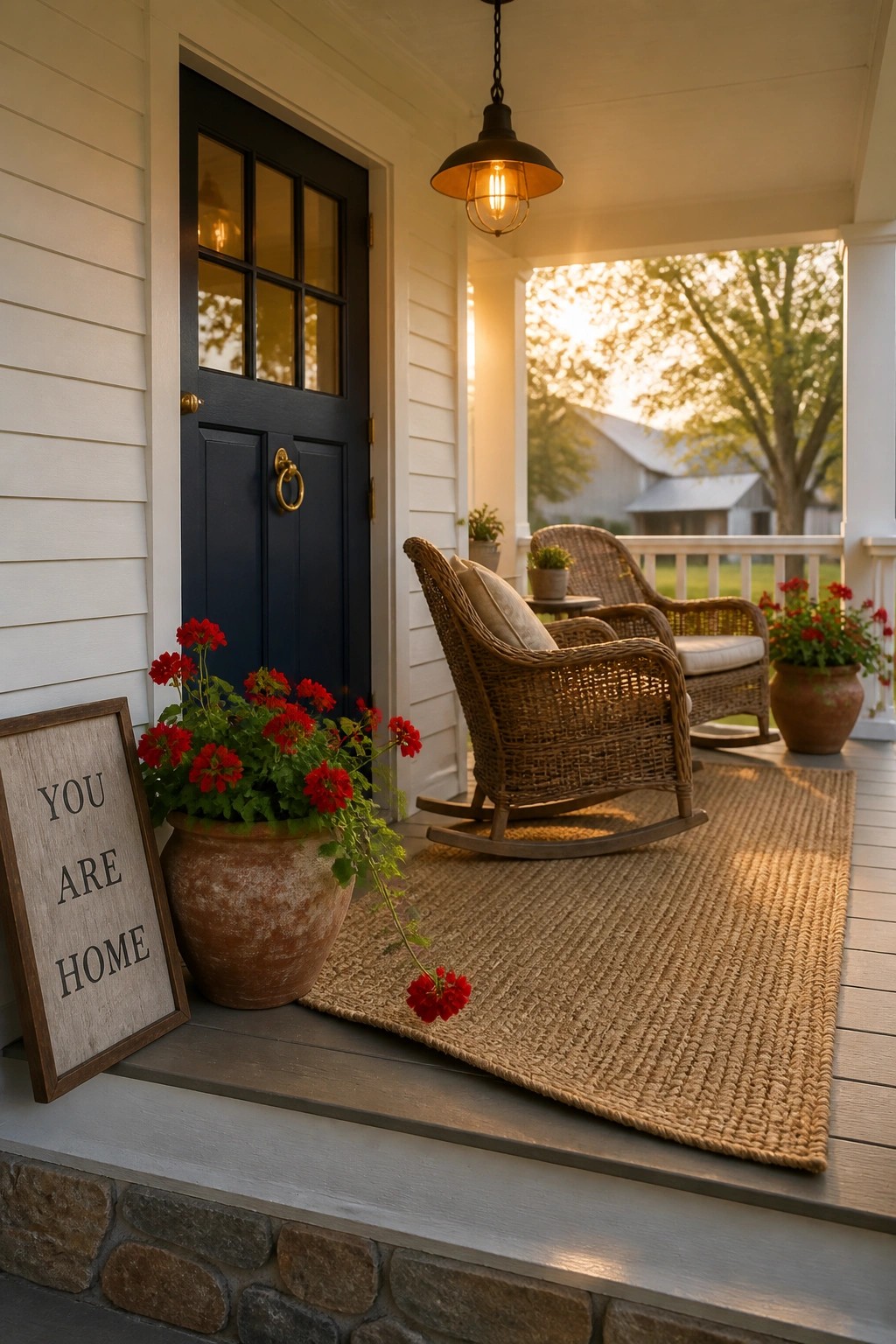 A front porch with two wicker rocking chairs on a woven rug beside a dark blue door, potted red flowers, and a wooden sign.