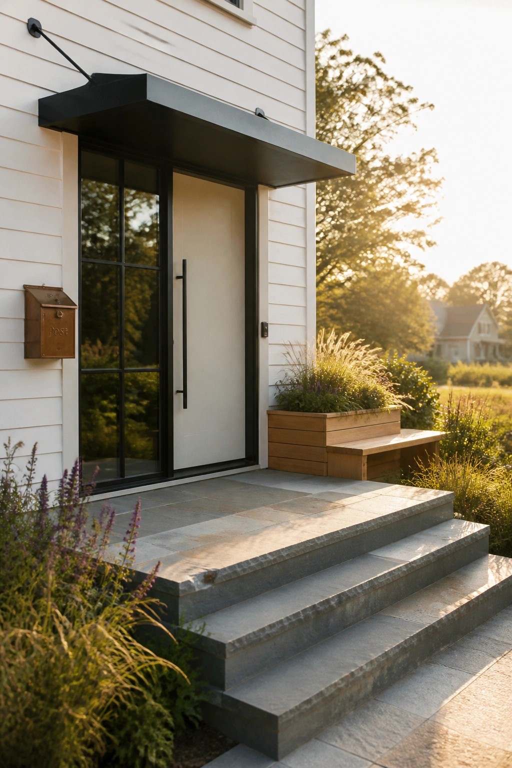 A white house with black-framed glass door, black metal awning, gray stone steps, and a copper mailbox on the left wall.