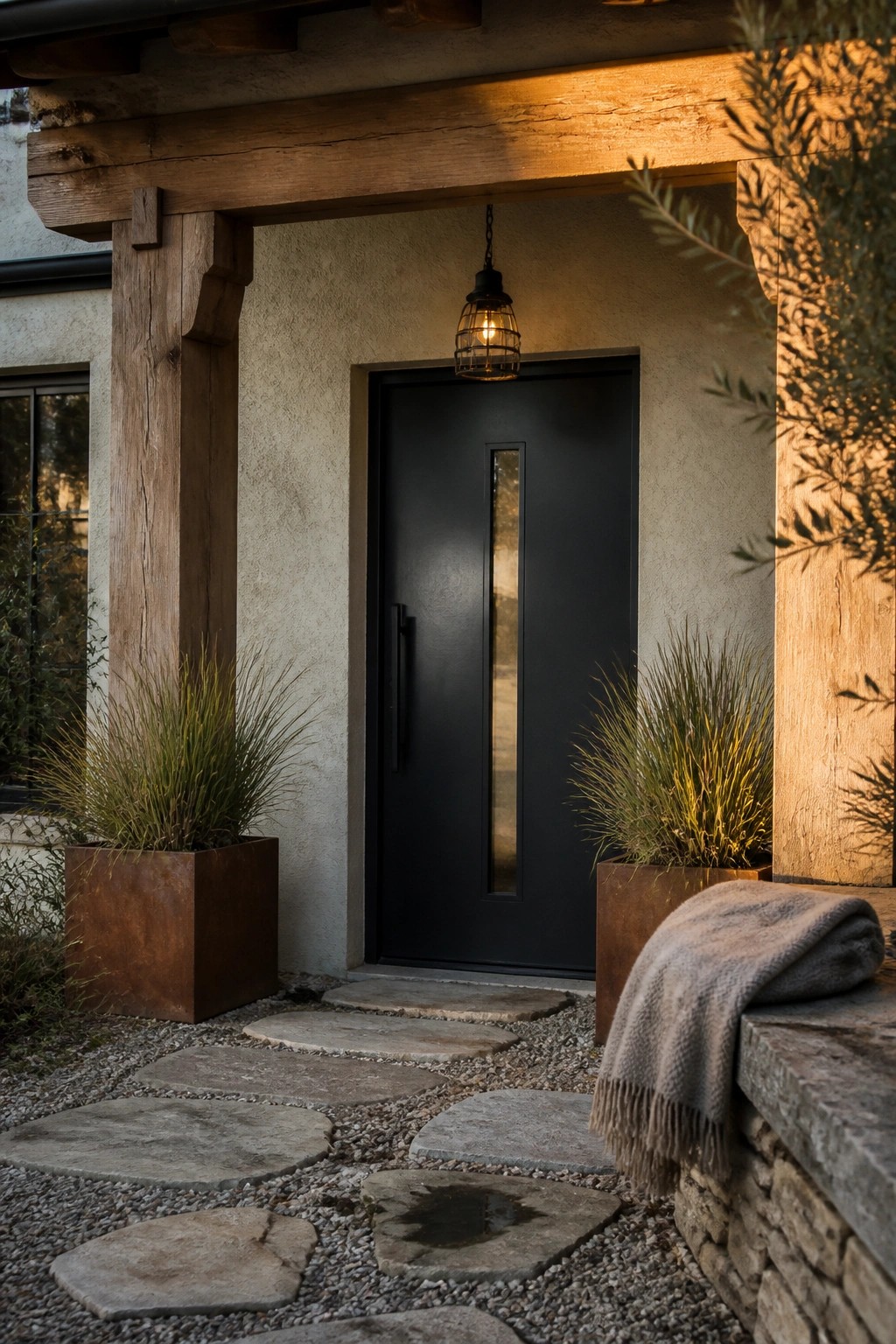 A black front door with a vertical glass panel sits under a wooden beam overhang, flanked by rusted metal planters holding tall grasses and a path of irregular stone pavers on gravel.