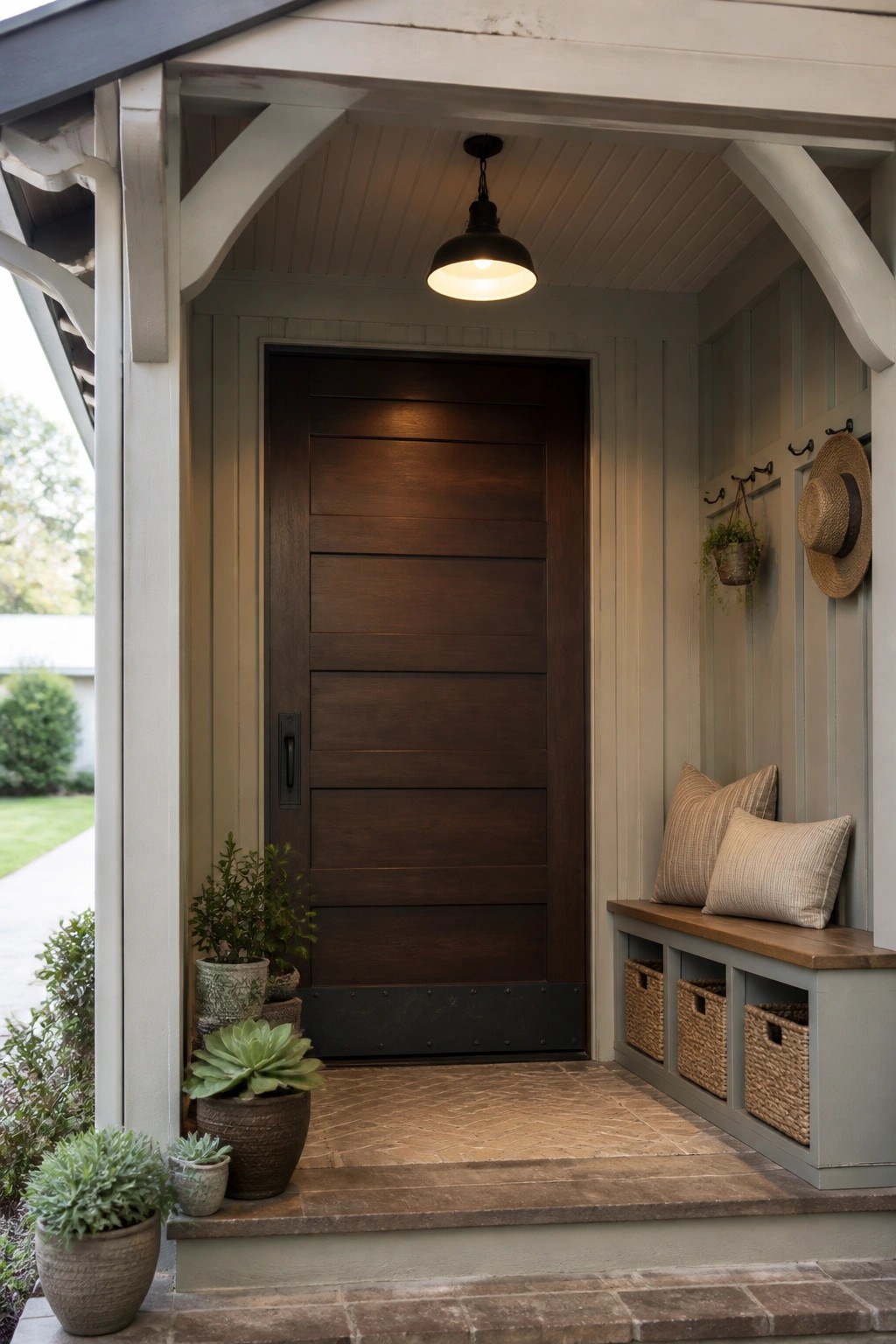 Dark wood door on porch with storage bench, baskets, potted succulents, and pendant light
