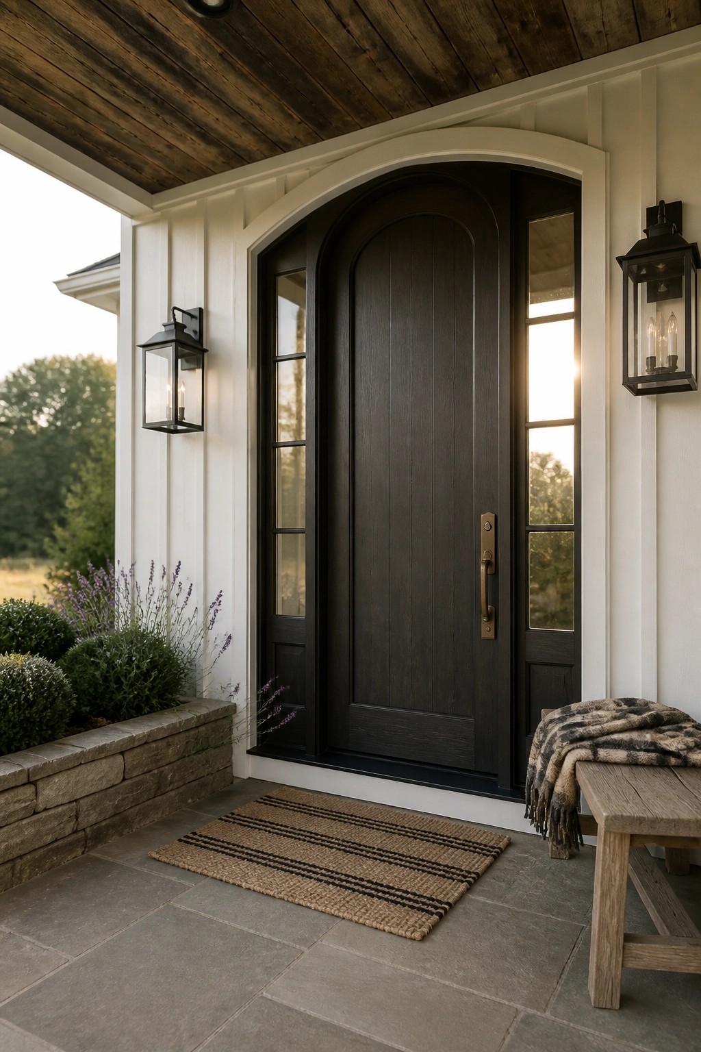 A dark arched front door with glass sidelights set in white siding, flanked by black lanterns on a stone porch with a striped doormat.