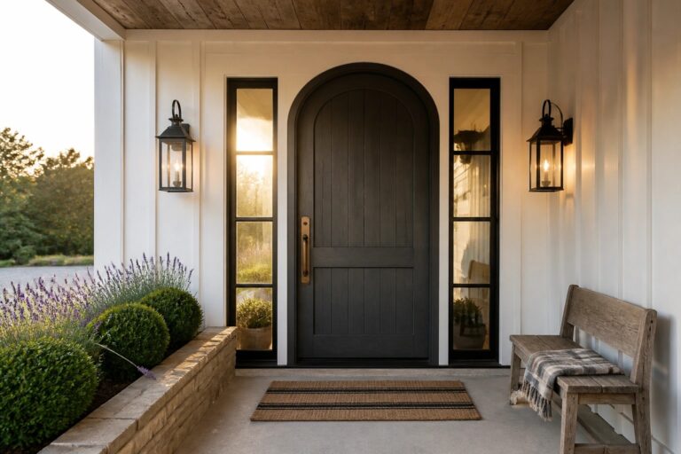 A dark arched front door with glass sidelights set in white siding, flanked by black lanterns on a stone porch with a striped doormat.