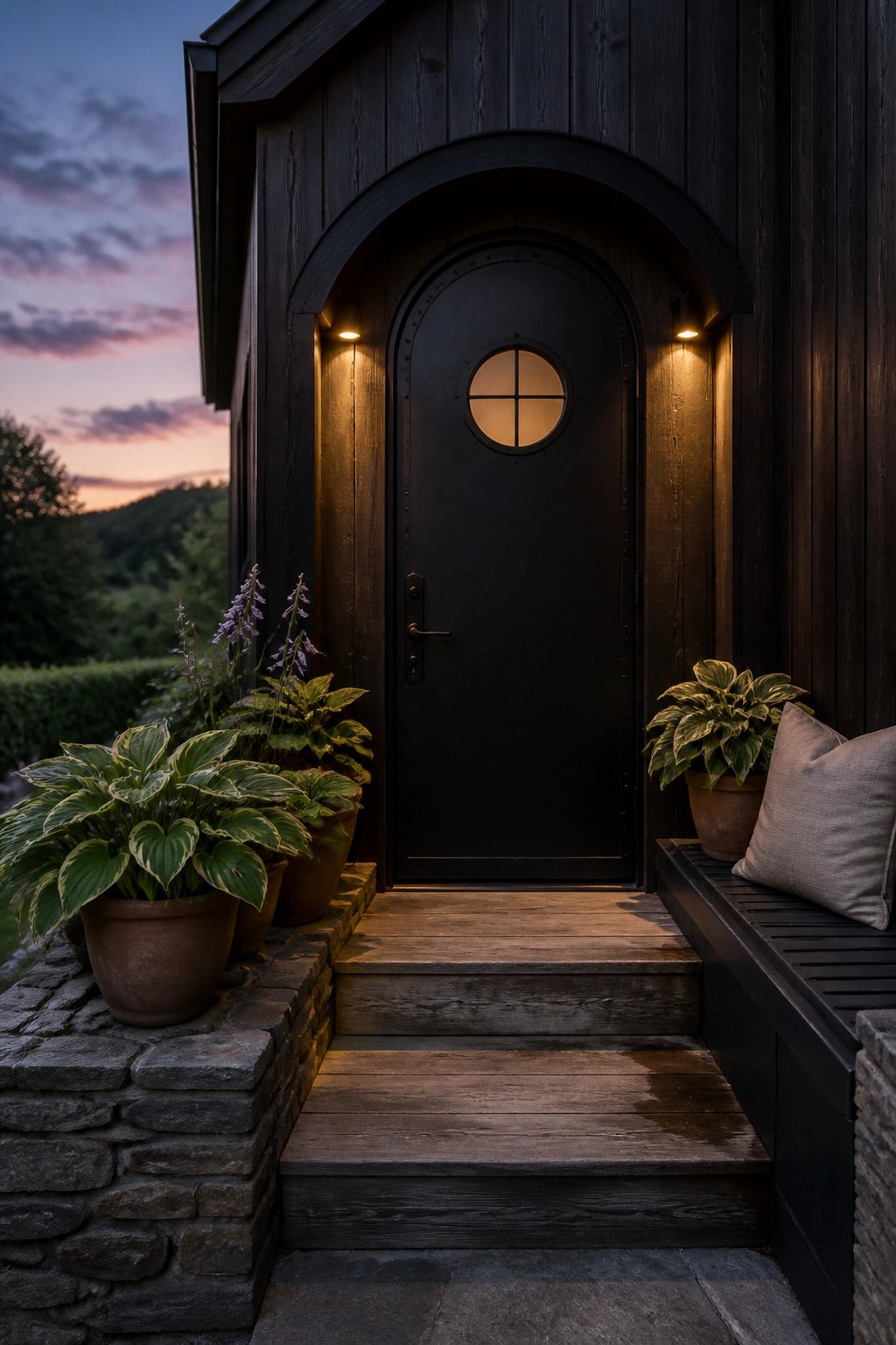 A black arched door set in dark wood siding with two lit wall sconces, wooden steps, and potted plants on either side at dusk.