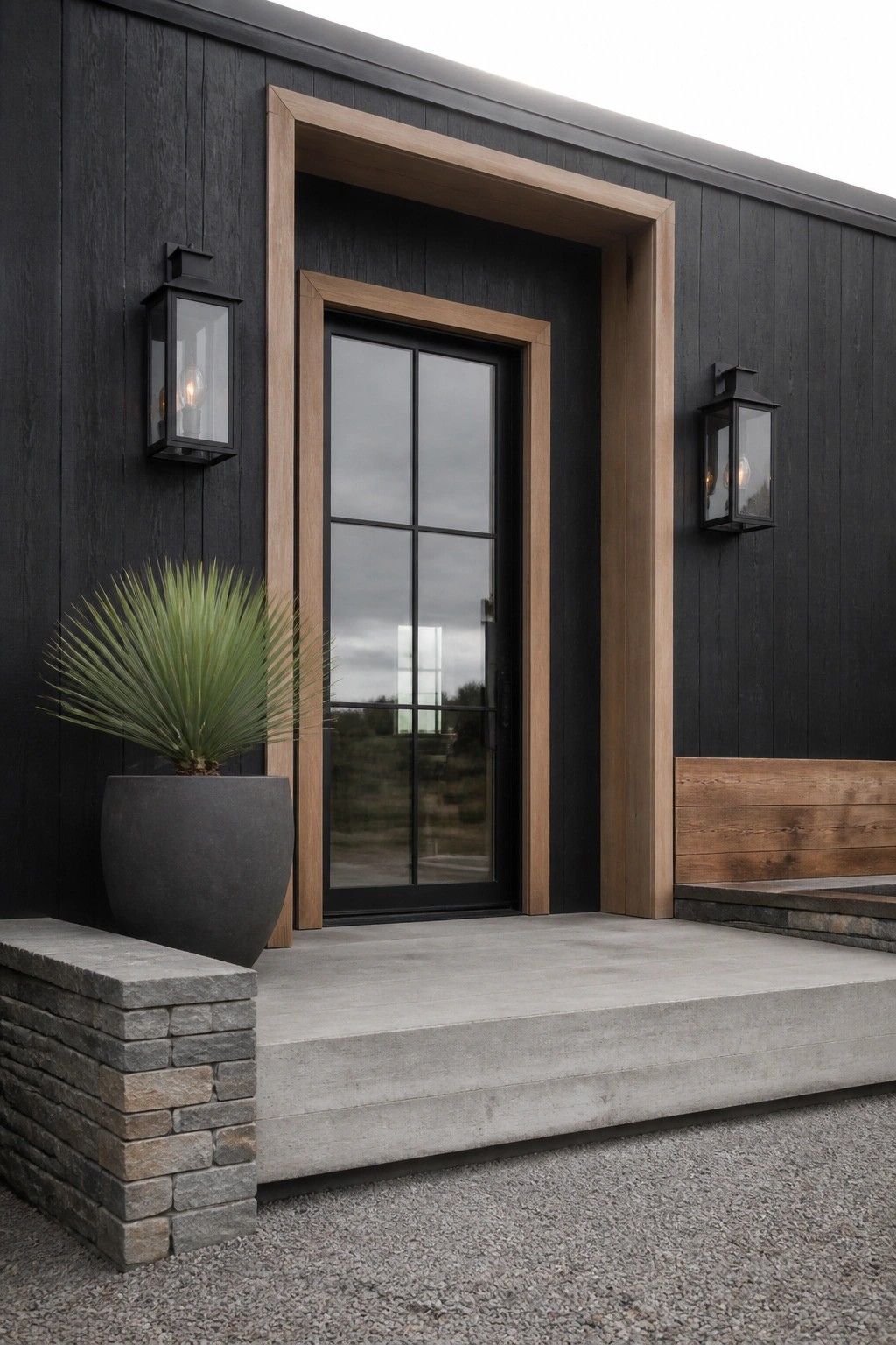 A modern farmhouse front entry featuring a black door with glass panes set inside a light wood frame on dark vertical siding, flanked by two black lanterns.