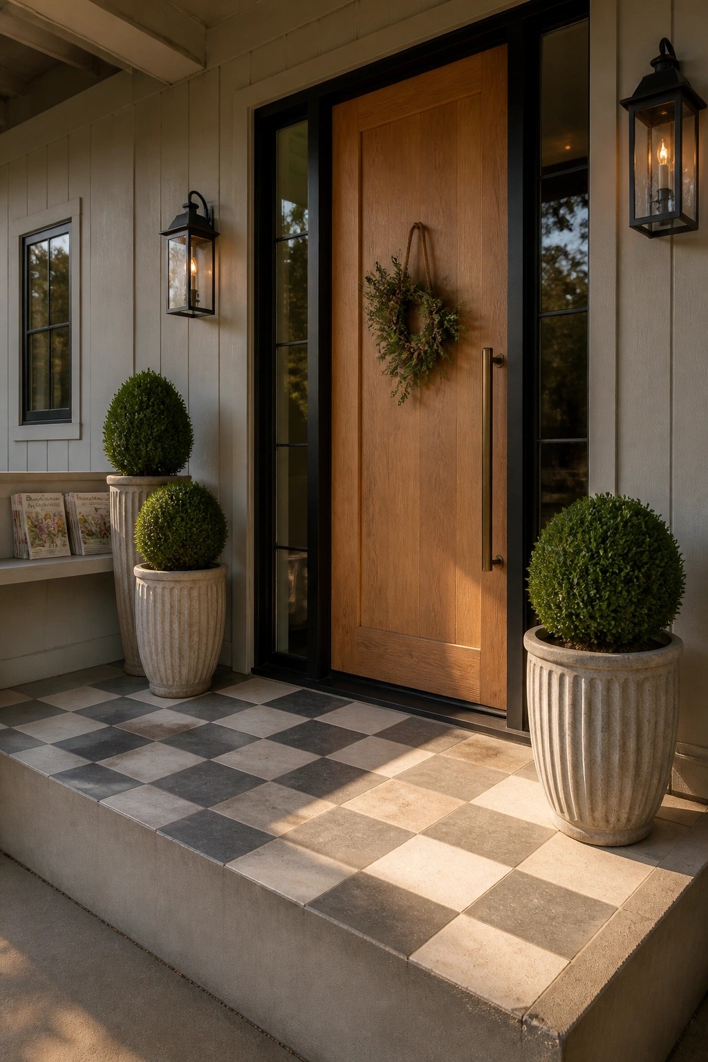 A wooden front door with a wreath is flanked by two large potted shrubs on a checkered tile porch, with black lanterns mounted on the siding.