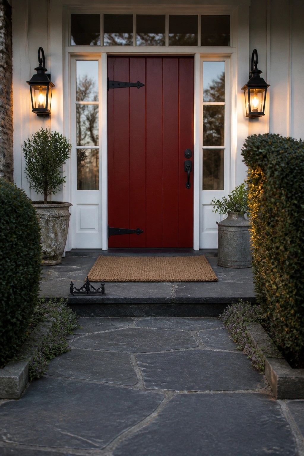 Red front door with black lanterns and potted plants on stone steps