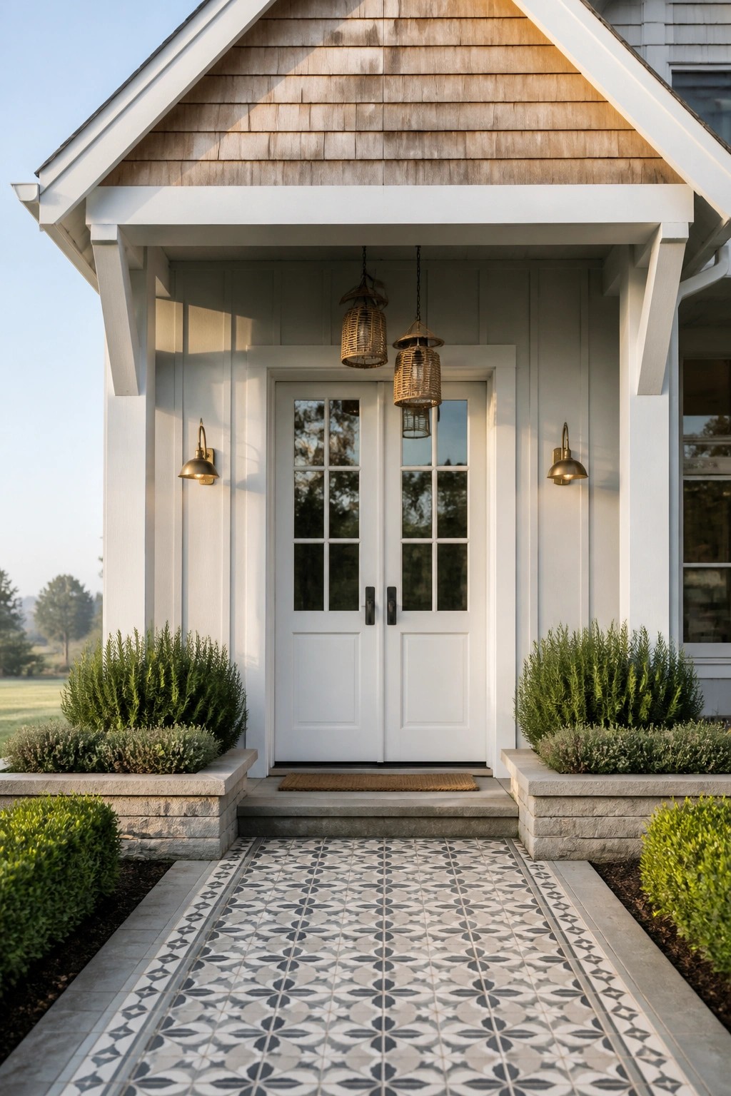 White double doors beneath a gabled porch roof with two woven hanging lanterns centered above them, brass wall sconces on both sides, and shrubs flanking stone steps that lead to a patterned tile walkway.