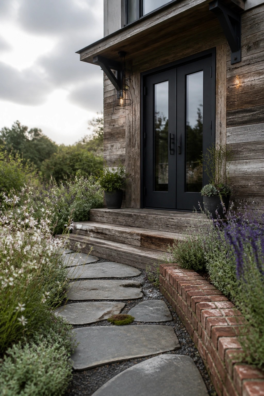 Modern farmhouse front entry with black double doors, wooden steps, and an irregular stone pathway bordered by plants and a low brick edge.