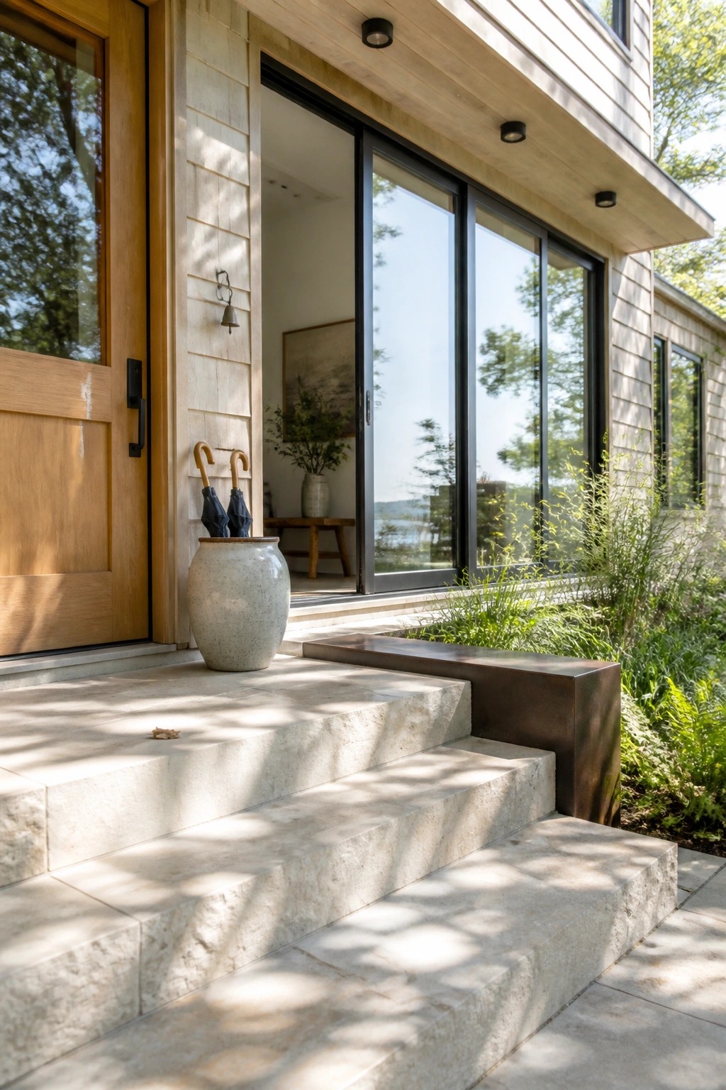 Front entry of a modern house with wide light stone steps, a wooden door, large black-framed windows, and a ceramic pot holding two umbrellas on the landing.