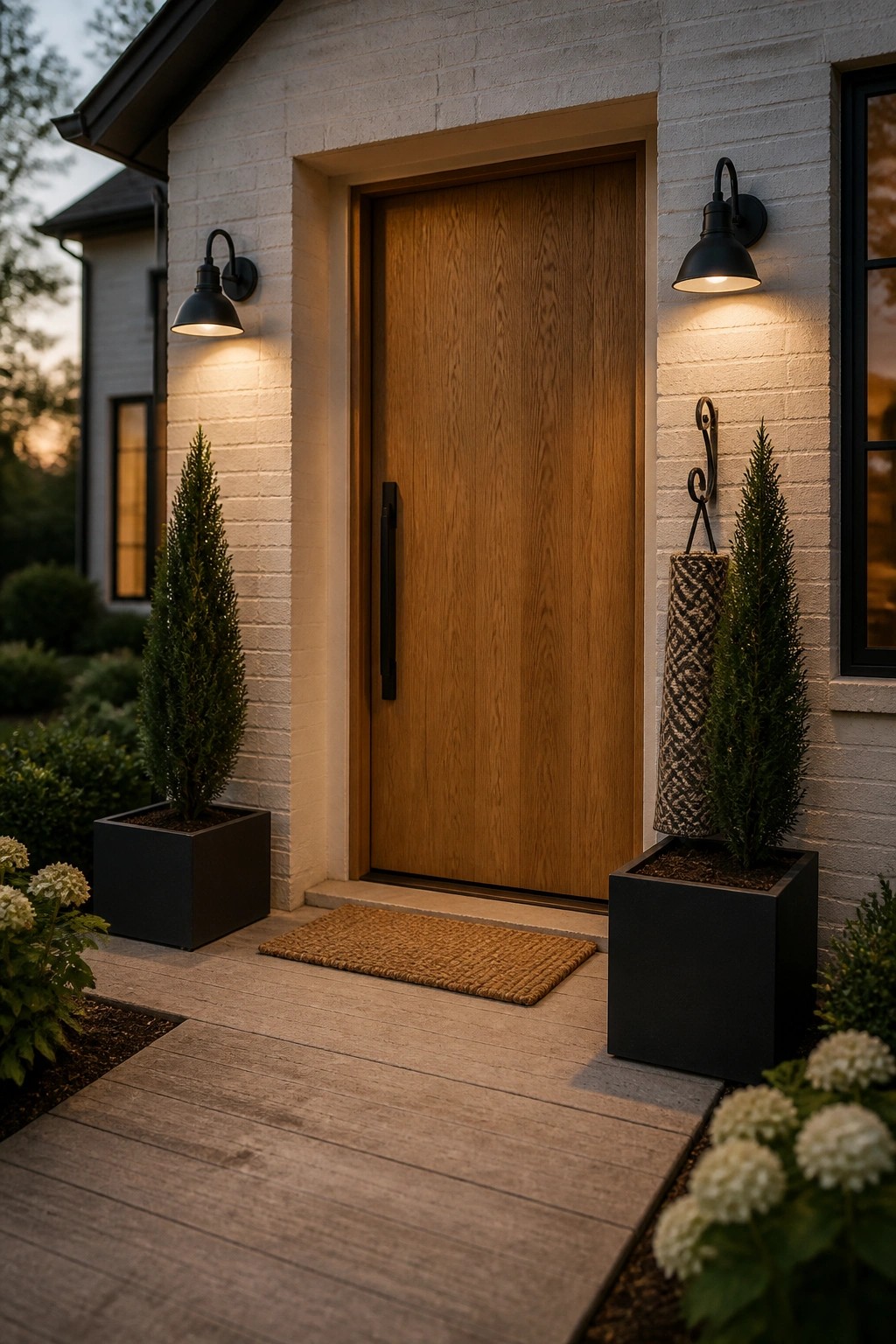 Wooden front door with black sconces, potted shrubs, and woven doormat on brick porch.