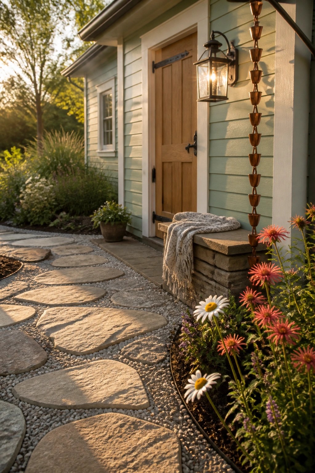 A light green house with a wooden front door, a flagstone path set in gravel leading to the entrance, and pink flowers along the right side.