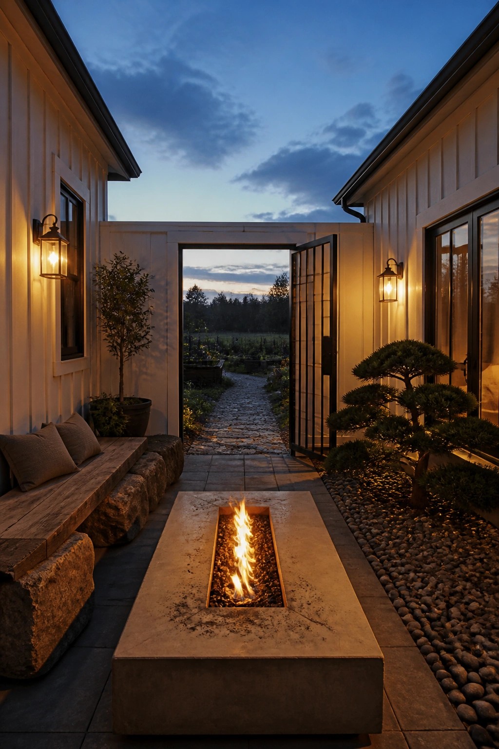 A rectangular concrete fire pit with active flames on a stone patio between two board and batten houses, flanked by a wooden bench and small trees, with an open gate revealing a garden path beyond.