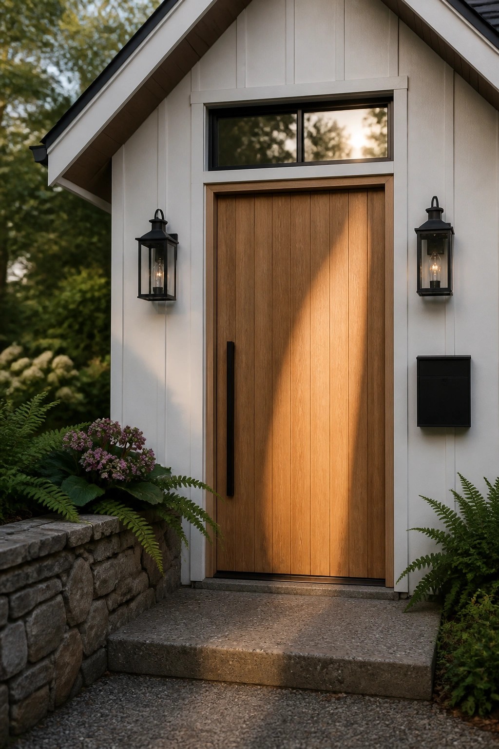 A front view of a house with white board and batten siding, a vertical wood door with a black handle, two black lanterns, and a transom window above the door.