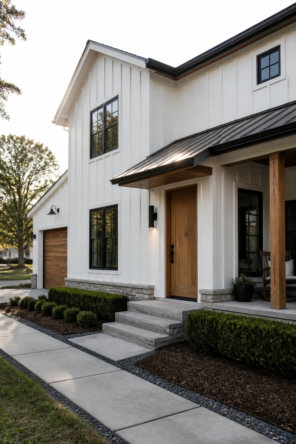 Modern white farmhouse exterior with board and batten siding, black-framed windows, a wooden front door, concrete steps, and a covered porch supported by wood posts.