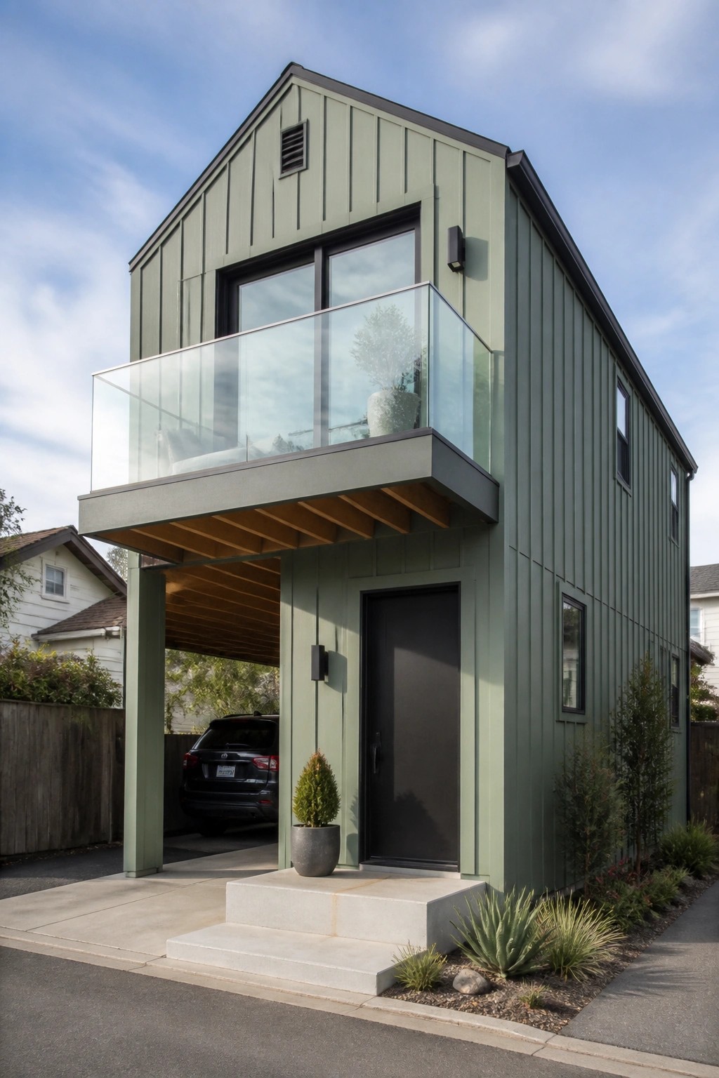 A modern two-story house with green vertical board and batten siding, a glass-railed balcony, and a covered carport.