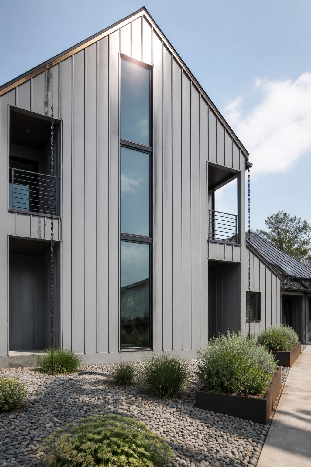 Modern gray metal building with tall windows, rain chains, and gravel landscaping