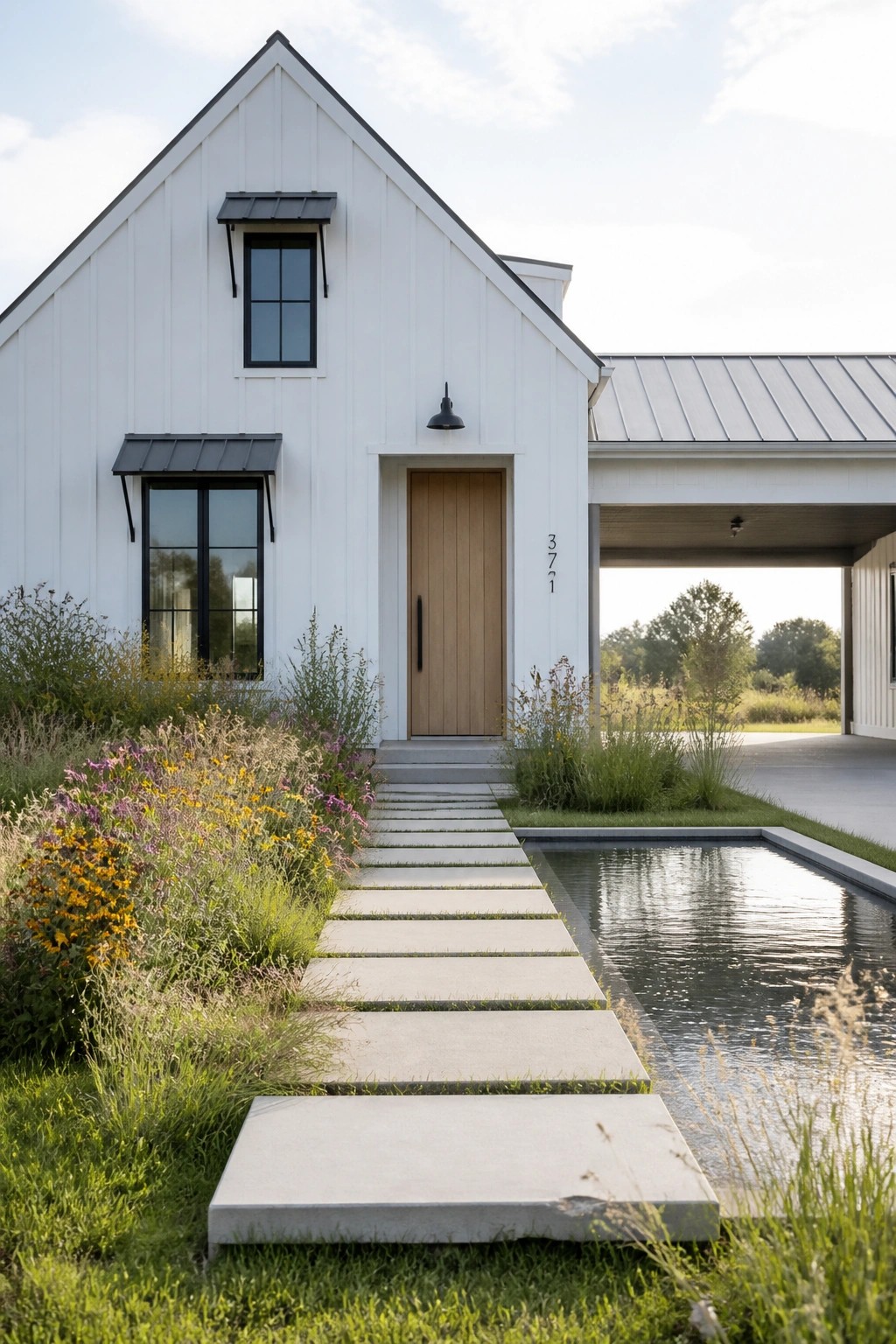 A white board and batten farmhouse exterior with a light wood front door, concrete stepping stones, and a narrow water feature running beside the path.