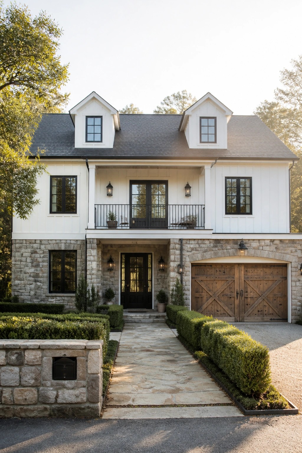 Front view of a two-story white board and batten farmhouse with stone lower walls, black trim, dormers, and a wooden double garage door.