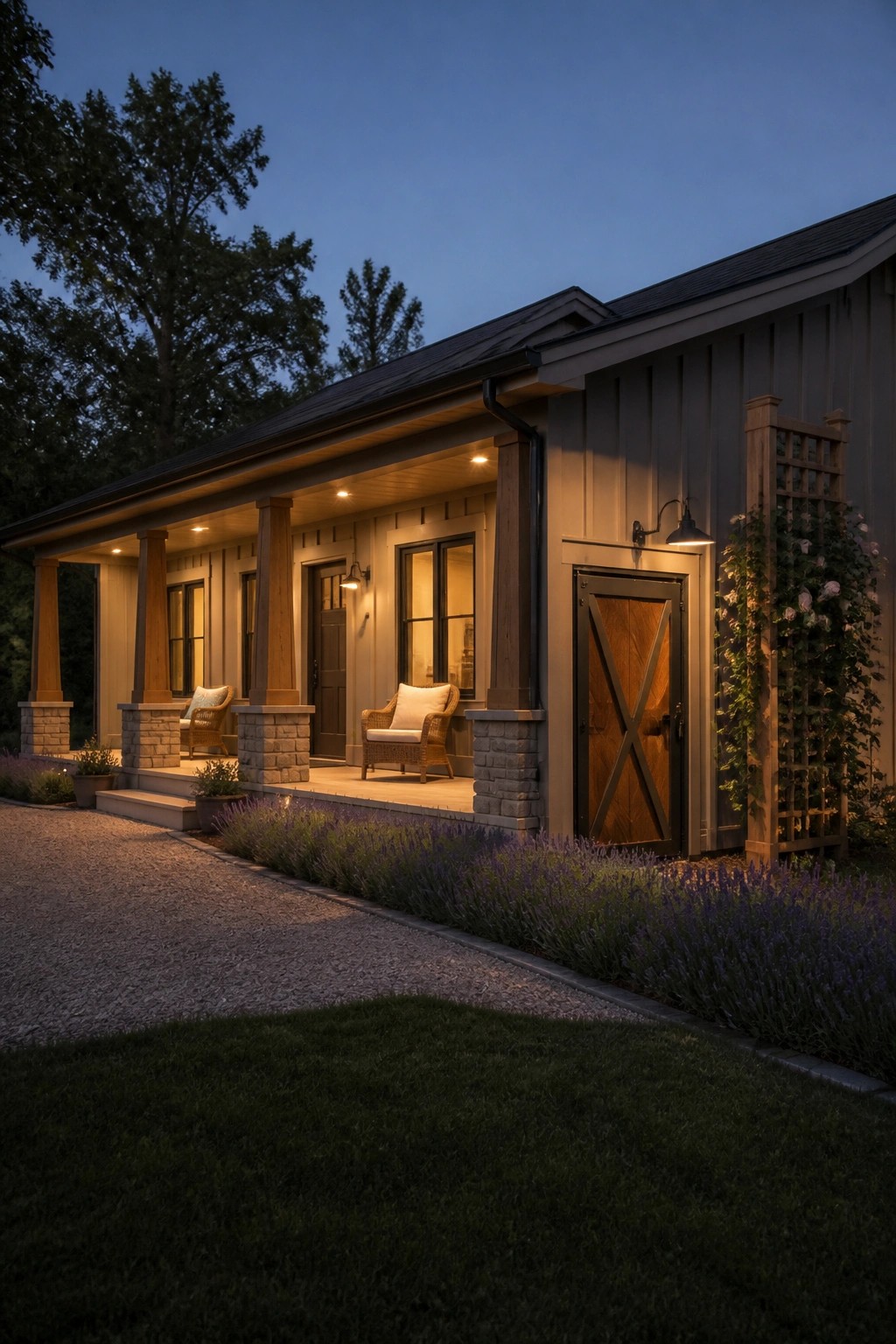 Modern farmhouse porch at dusk with wooden door, wicker chairs, and lavender garden