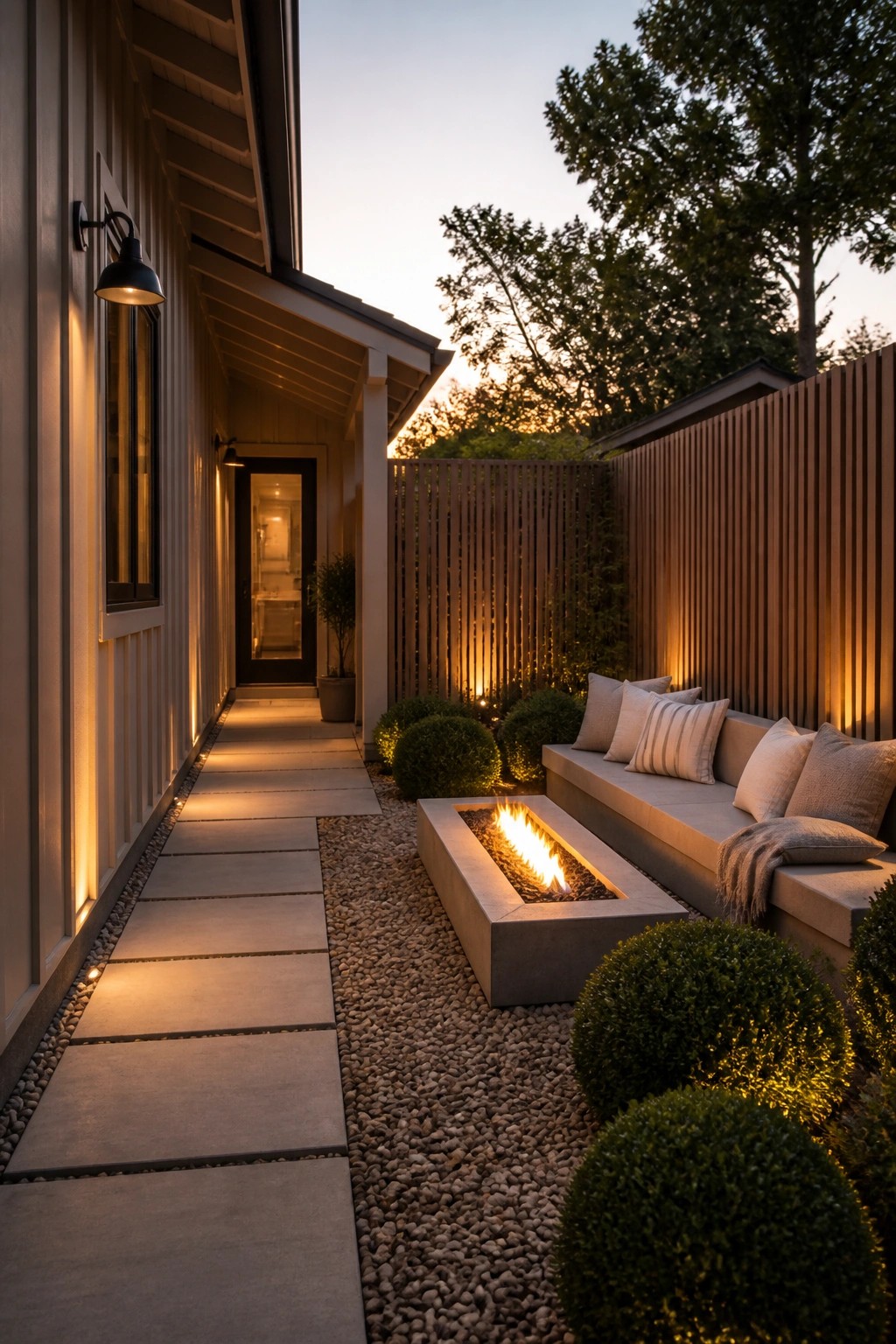 A modern farmhouse side yard at dusk with board and batten siding, a concrete pathway, gravel ground cover, a rectangular fire pit, and built-in concrete bench seating with neutral pillows against a tall vertical wood fence.
