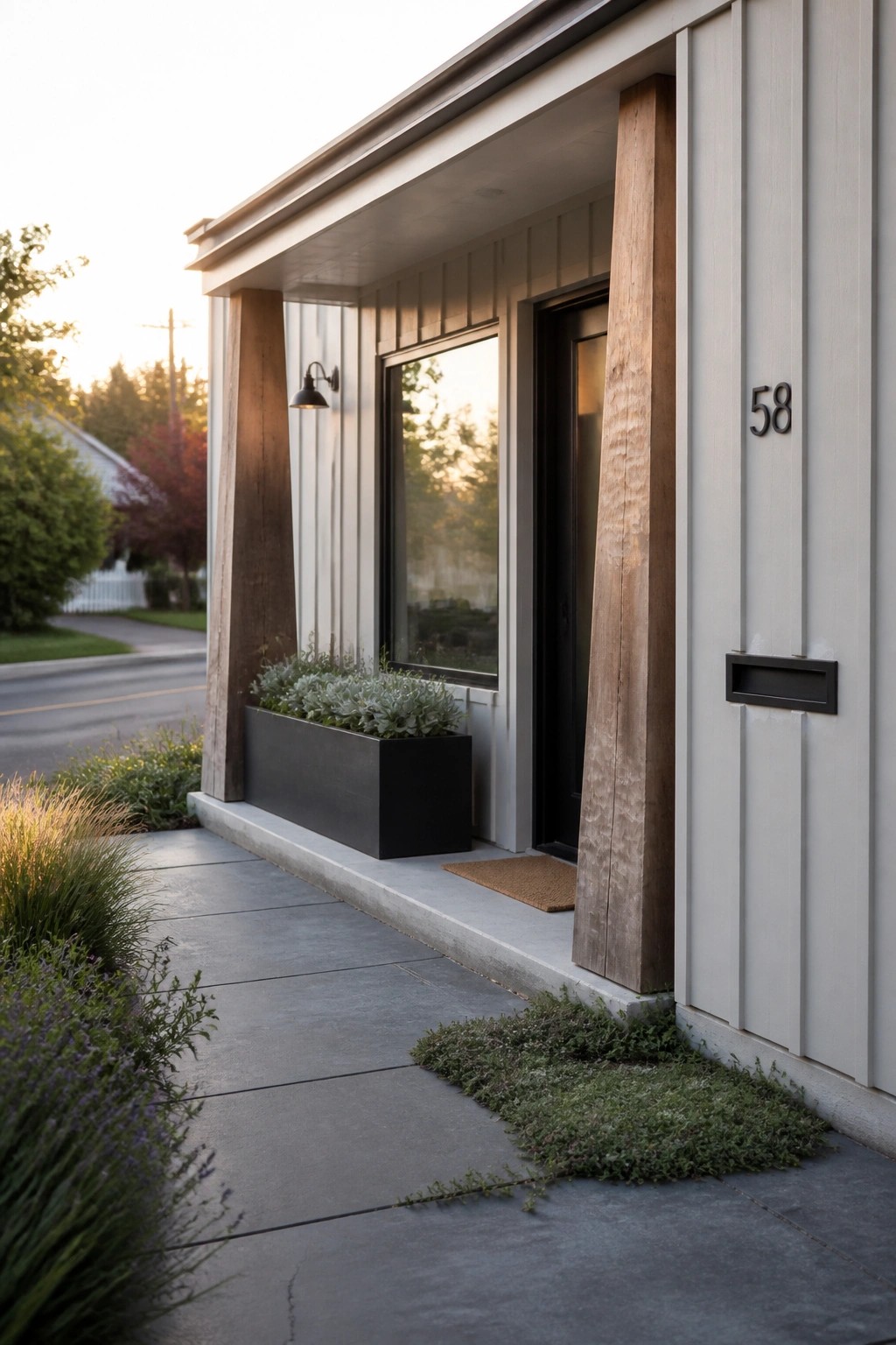 A close view of a light gray board and batten house exterior with a black door, a window, wooden support posts, and a black planter box along the walkway.