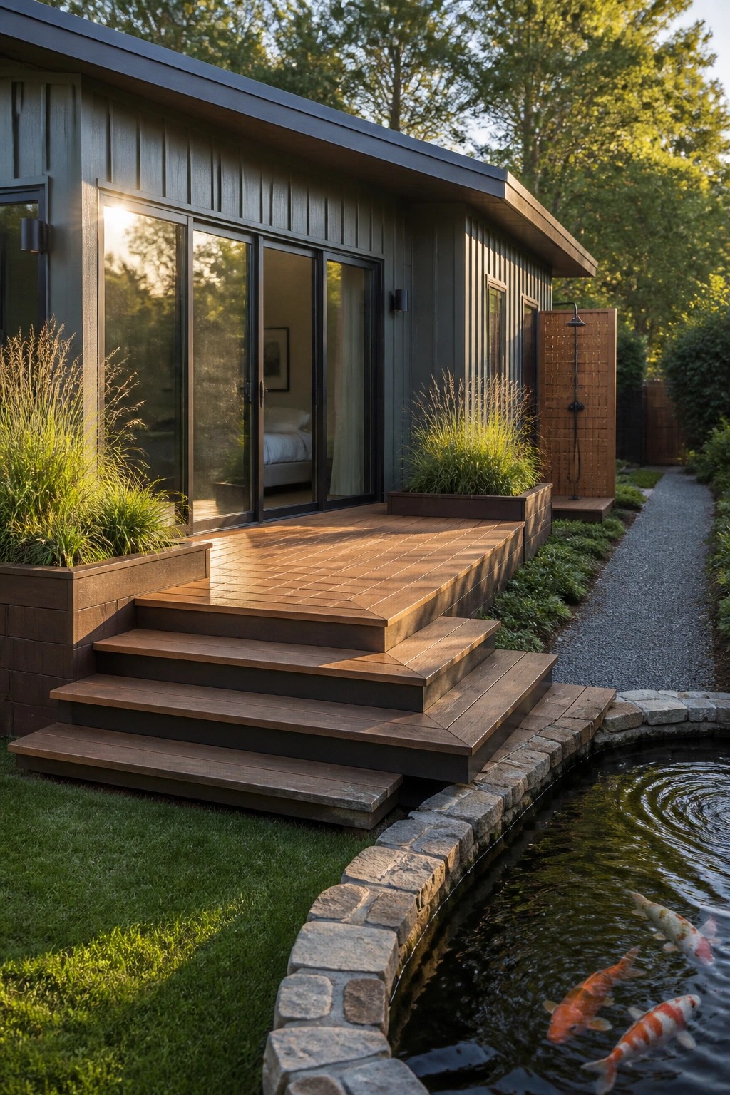 A modern dark green board and batten house with large sliding doors, a wooden deck and steps, an outdoor shower, and a koi pond bordered by stone.