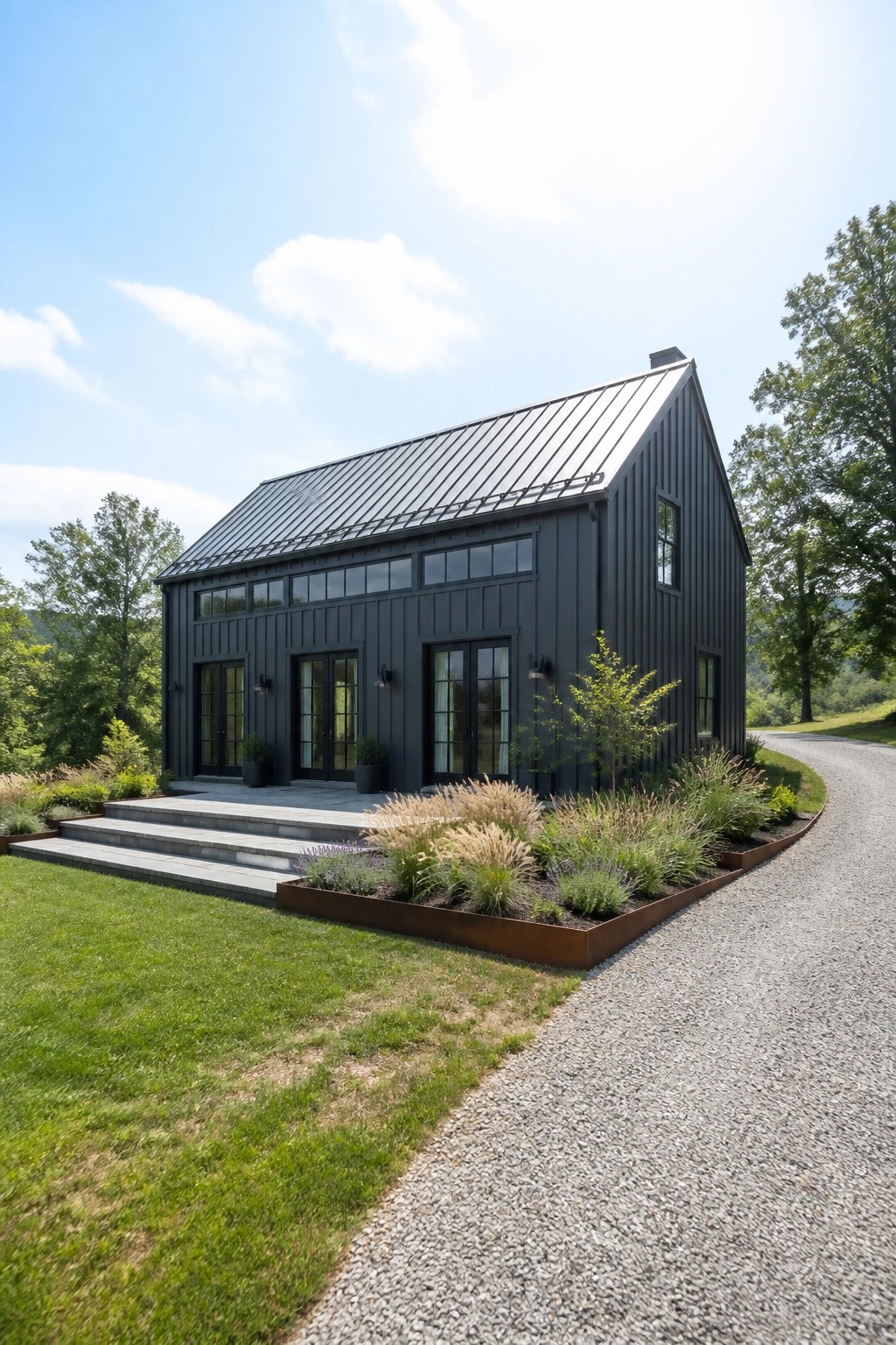 A dark gray board and batten house with a metal roof, multiple glass doors, and a gravel driveway bordered by planted beds.