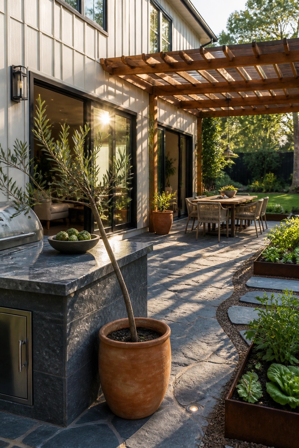A modern board and batten farmhouse exterior with a wooden pergola covering a stone patio that includes an outdoor grill, dining table, and potted plants.