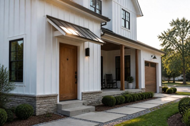 17 Modern Board and Batten Farmhouse Exterior Ideas Built Around Clean Lines Modern white farmhouse exterior with board and batten siding, black-framed windows, a wooden front door, concrete steps, and a covered porch supported by wood posts.