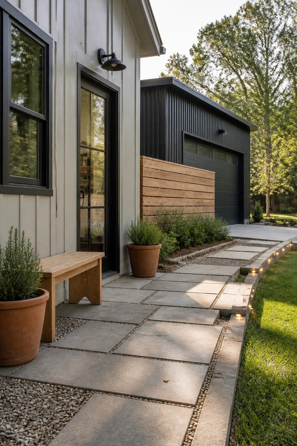 A modern farmhouse exterior with light vertical board and batten siding, black-framed windows and door, a dark garage door, and a stone pathway lined with gravel and potted plants.