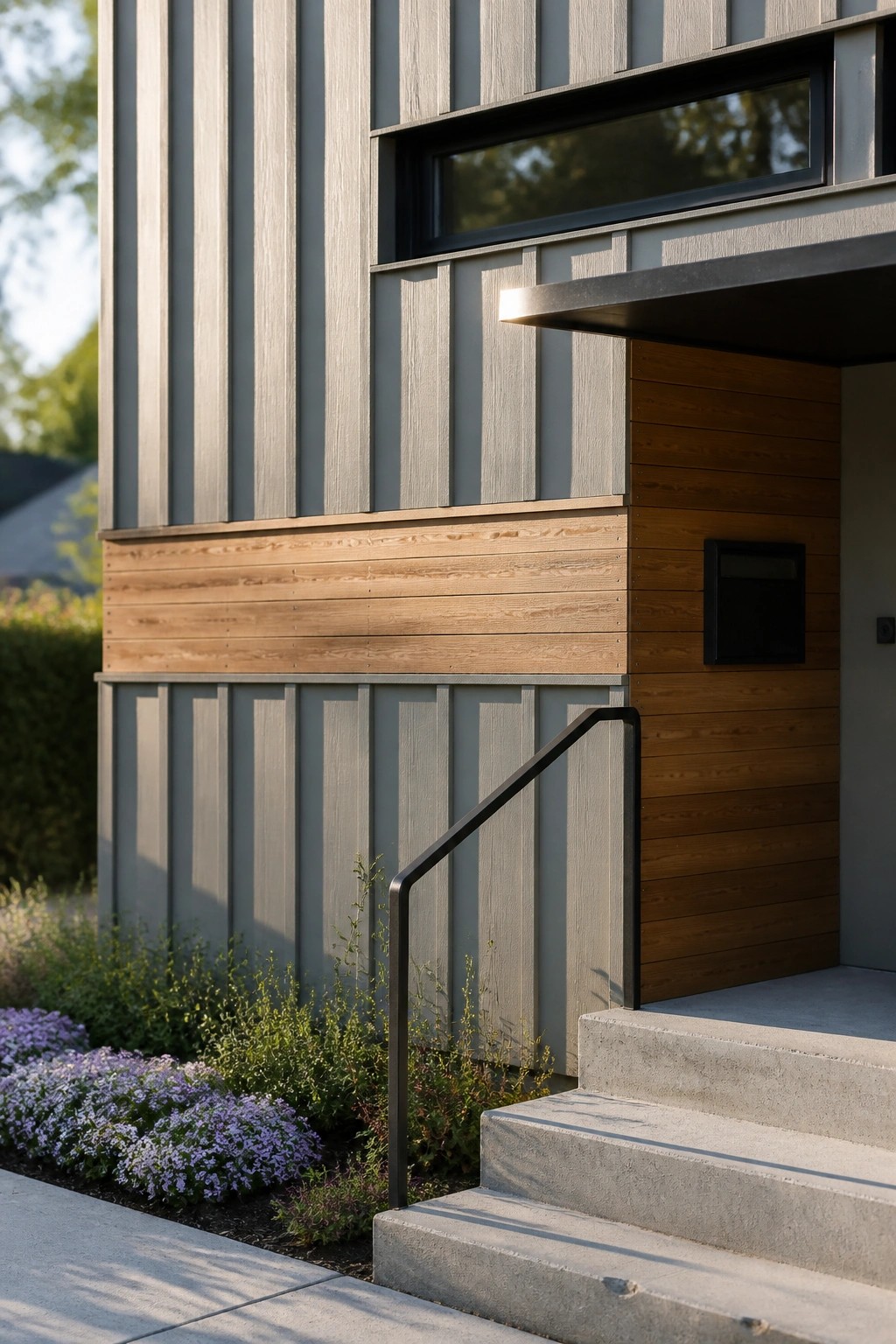 Modern farmhouse exterior featuring gray vertical board and batten siding paired with sections of horizontal wood cladding and a wooden entry door beside concrete steps.