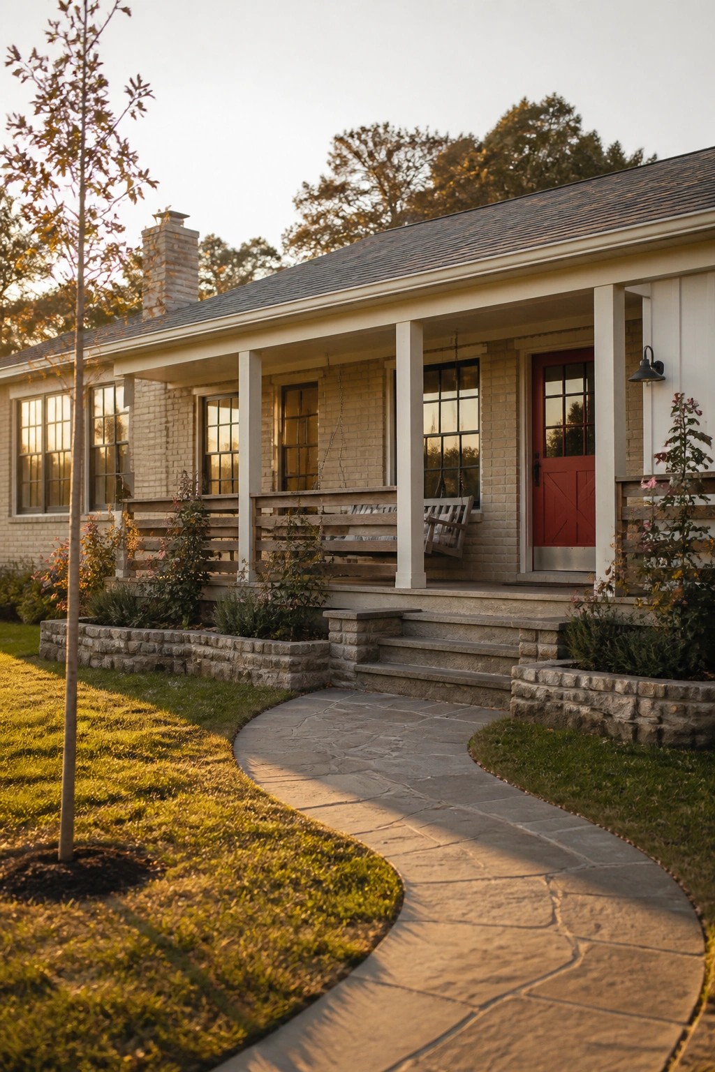 A single-story brick ranch house with a red front door, white porch columns, and a curving stone path leading to the steps.