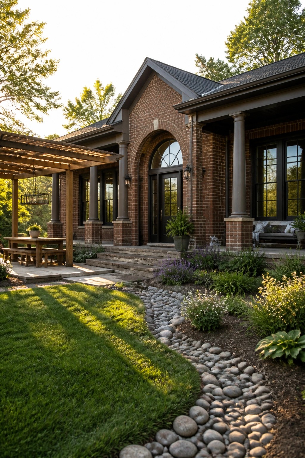 Brick house with arched doorway, columns, wooden pergola, and curving stone path