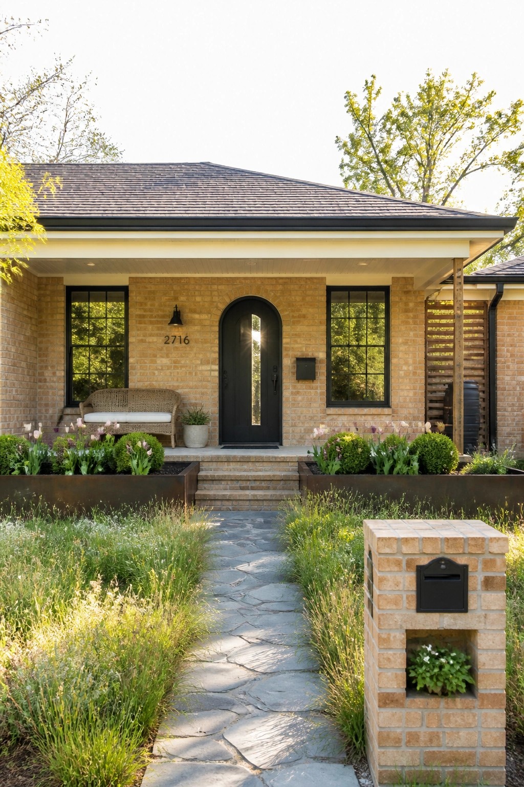 Front view of a tan brick ranch house with a black arched entry door, two black-framed windows, and a stone pathway leading to the steps.