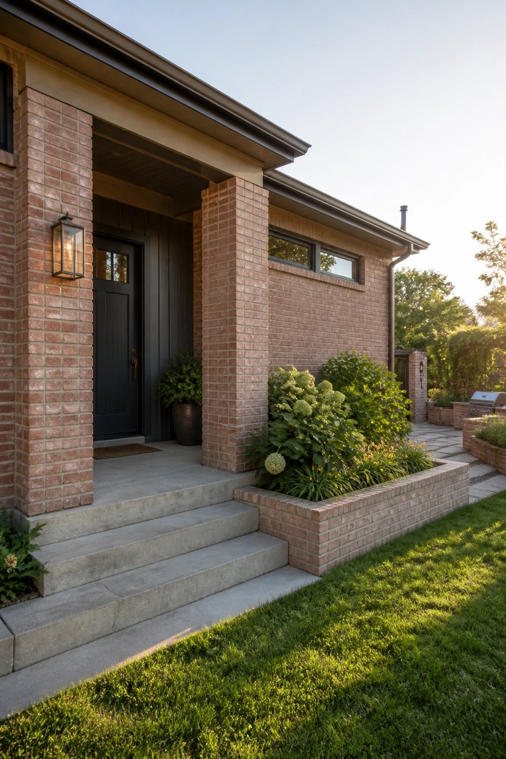 Front view of a brick ranch house showing a dark door recessed between two brick columns, with concrete steps and a low brick planter with shrubs to the right.