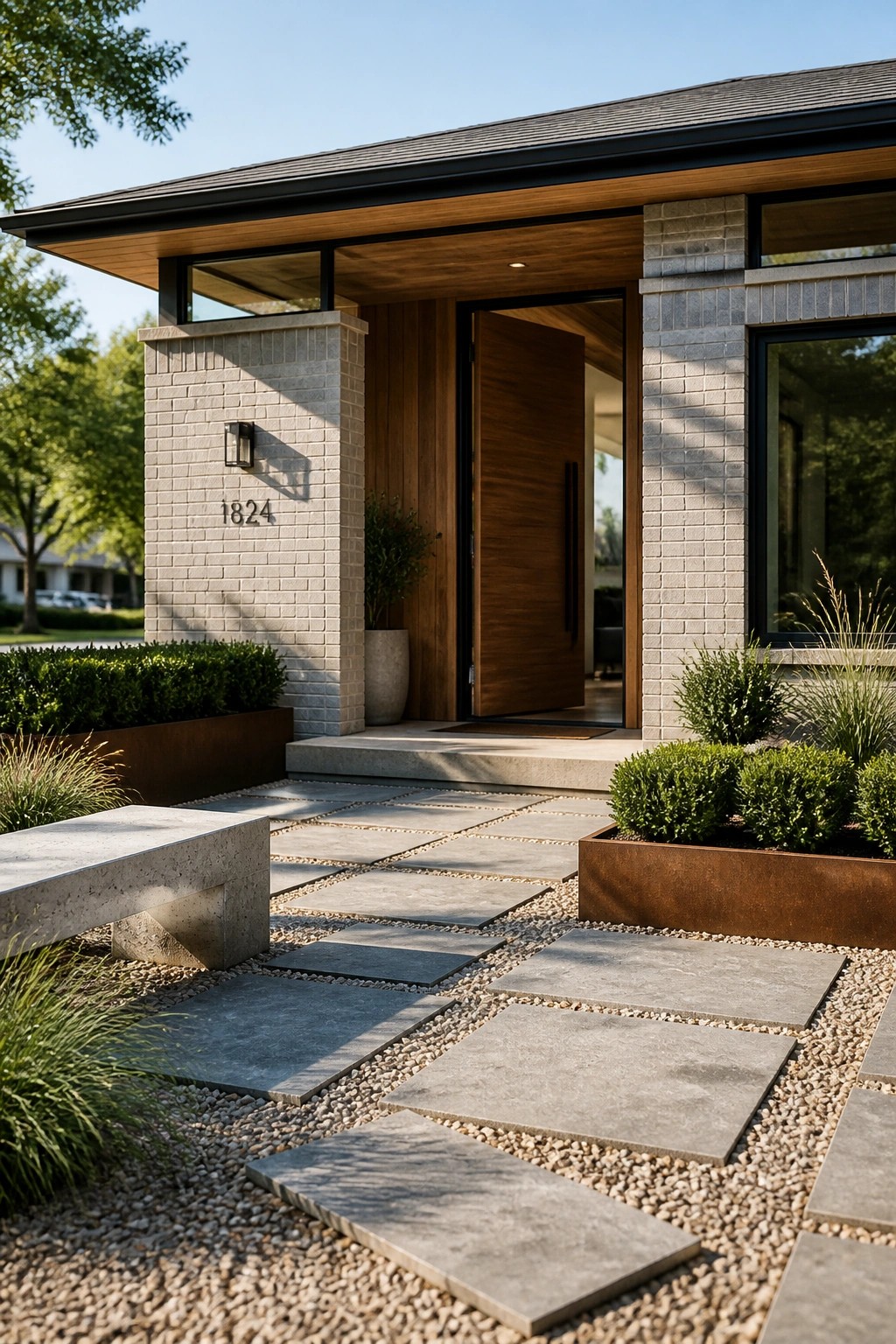 A single-story ranch home with gray brick pillars flanking a tall wooden front door, concrete pavers set in gravel leading to the entrance, and metal planters with green shrubs on either side.