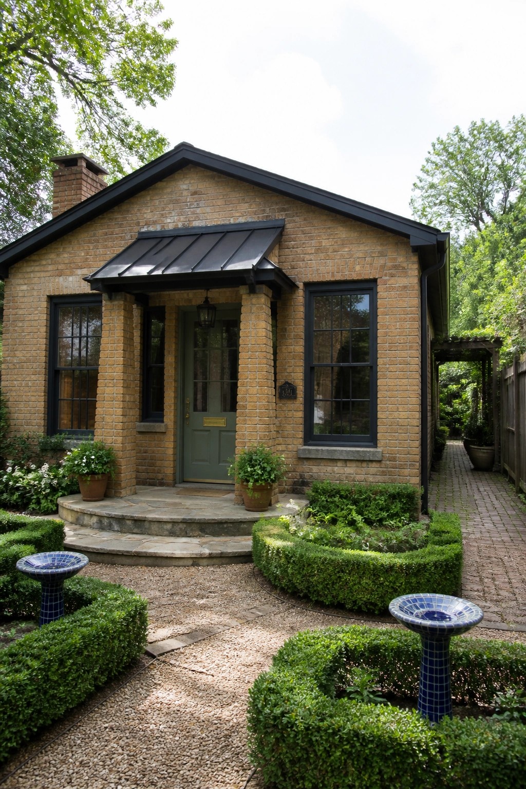 A single-story tan brick house with black window frames, a black metal awning, and a green front door, set among gravel paths and trimmed hedges.