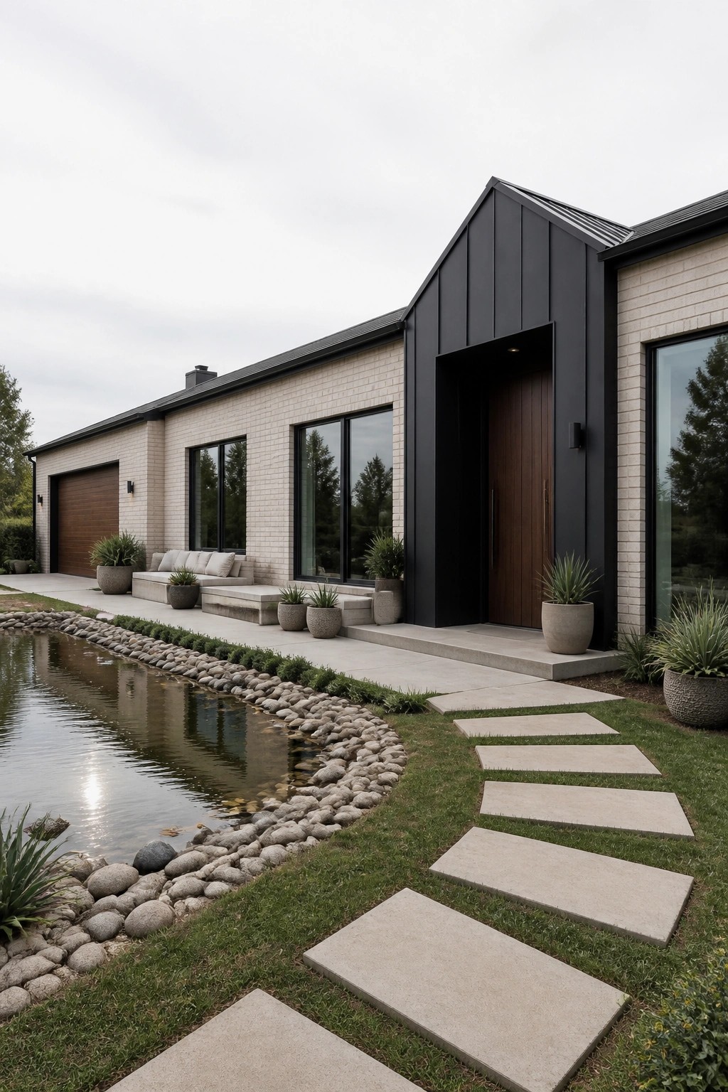 A single-story light brick house with a prominent dark metal gable framing a wooden front door, concrete steps, and a stone path beside a pond.