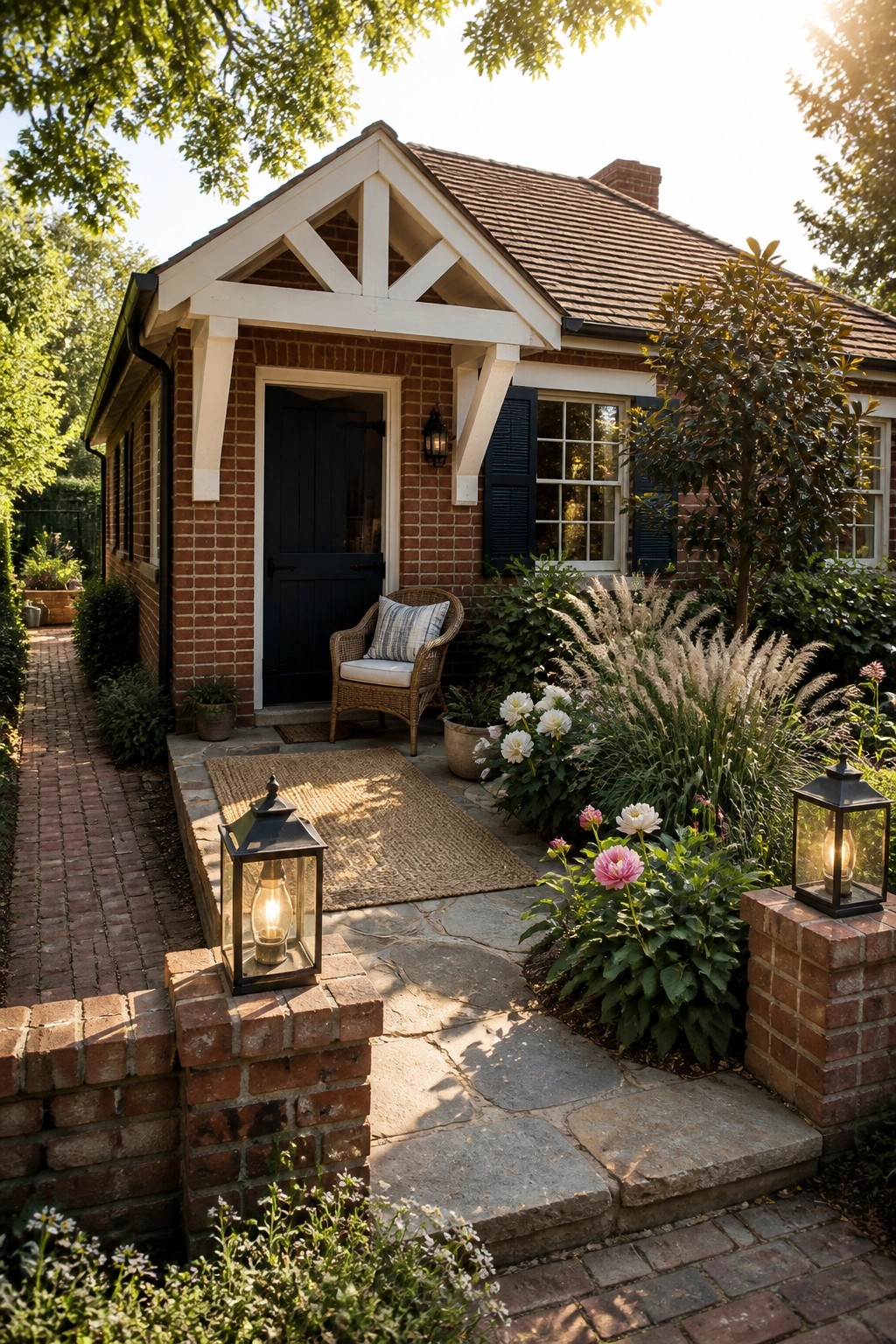 A brick ranch house with a dark blue front door, matching shutters, white gable trim, and lanterns on brick pillars beside a stone path.