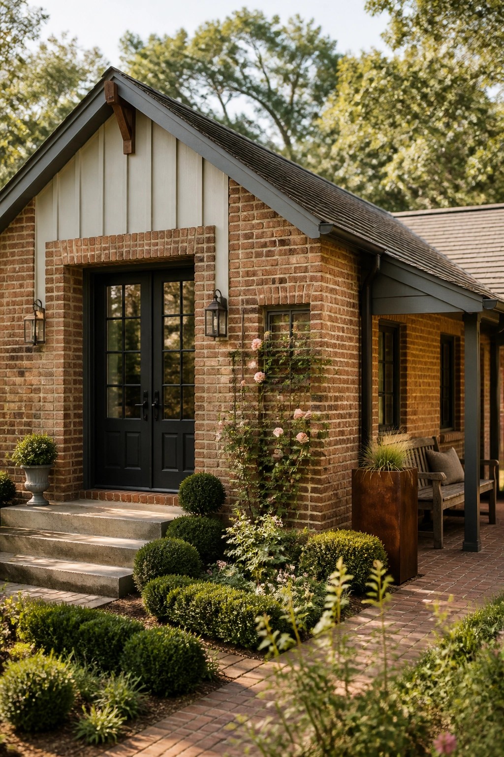 Front view of a brick ranch house with black double doors centered under a gable with white siding, a small window to the right, and landscaping along the brick path.