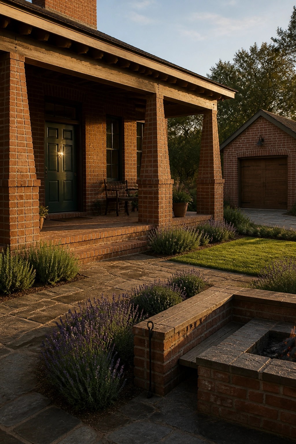 A single-story brick ranch house with a covered front porch supported by thick brick columns, a green door, stone pathway, and a matching brick fire pit surrounded by lavender.