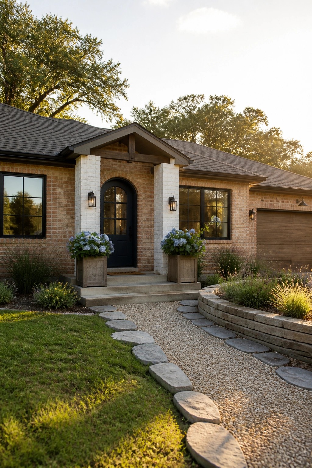 Front view of a single-story brick house showing a black arched door centered between two white brick columns under a small gable roof.